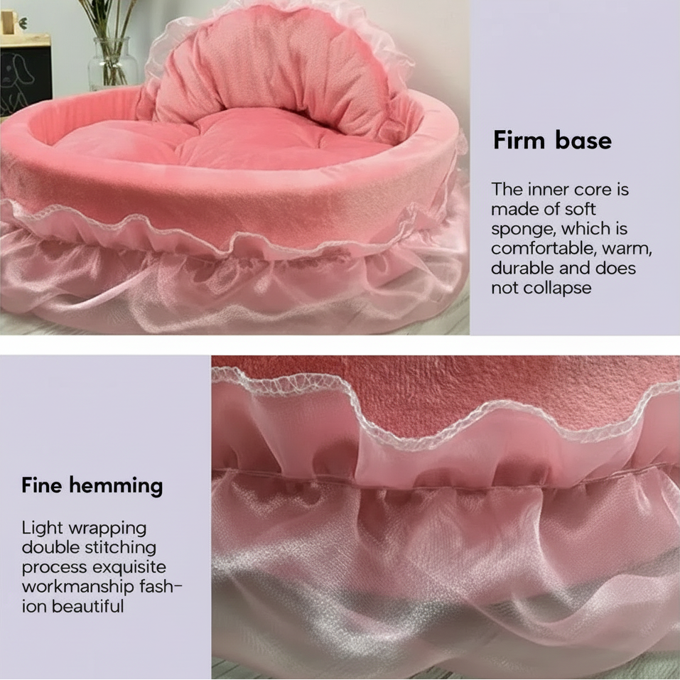 Feature graphic for pink ruffle pet bed highlighting firm sponge base and fine double-stitched chiffon lace hemming, with close-up detail of layered ruffle trim, lavender panel background with bold text callouts