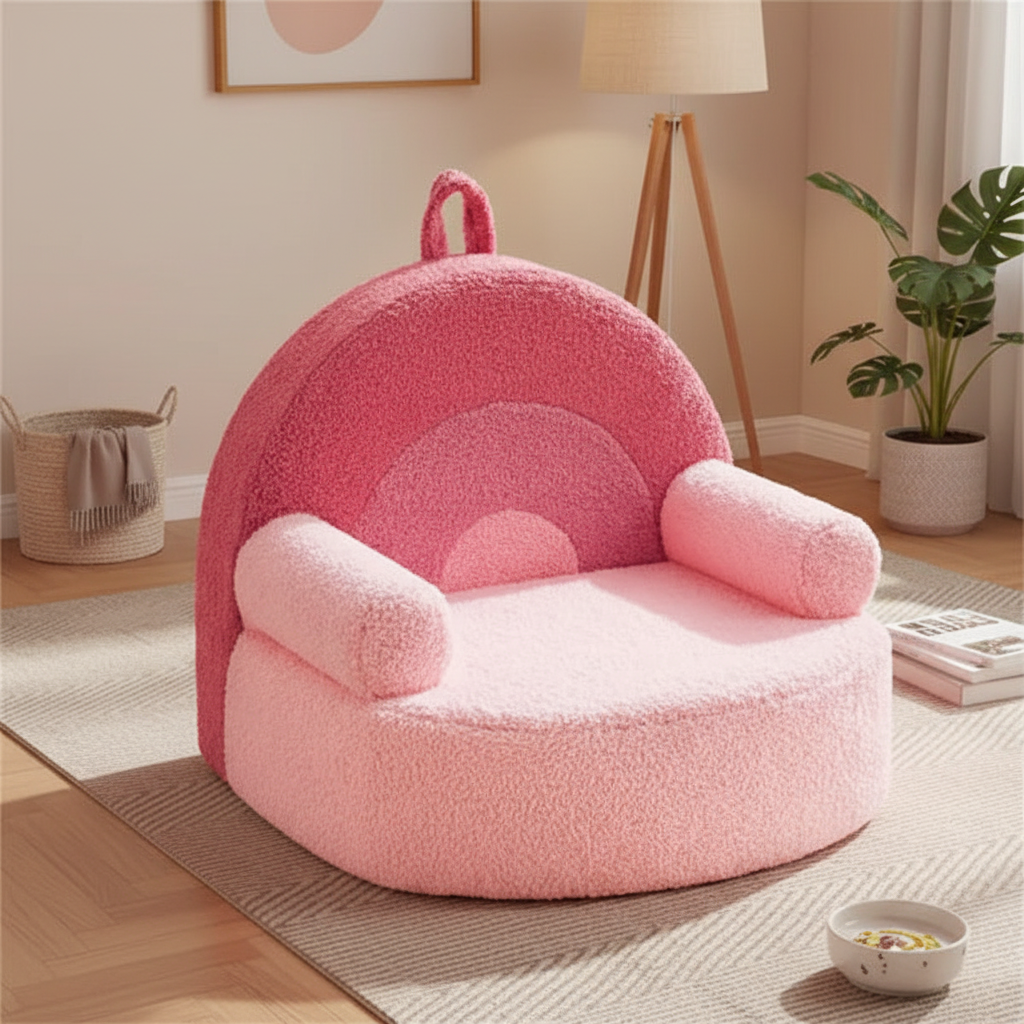 Pink pet sofa chair styled in a warm adult living room