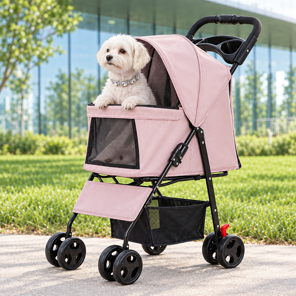 Pink pet stroller lifestyle photo with white dog