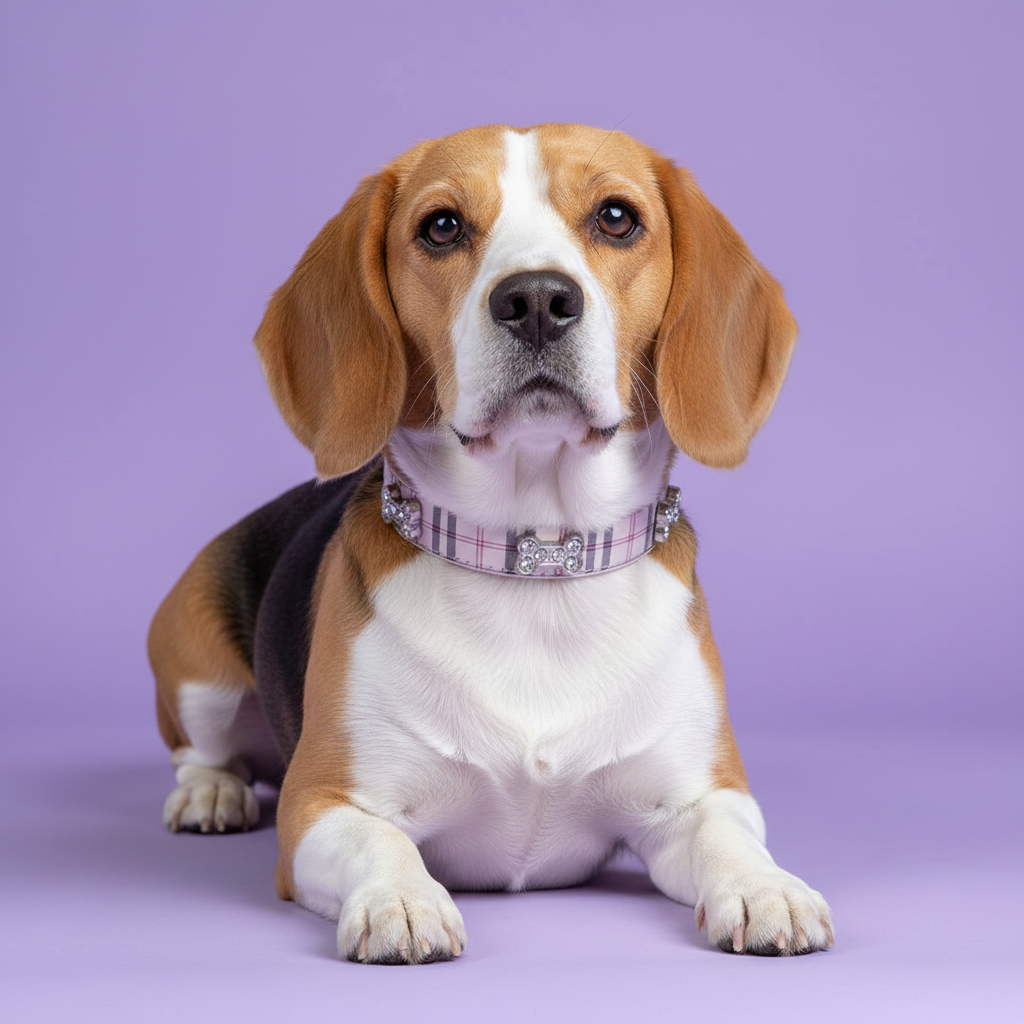 Beagle lounging wearing a pink plaid rhinestone dog collar with silver bone charm centerpiece