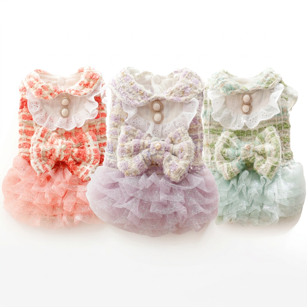 Pink, purple, and green tweed dresses together on a square white background