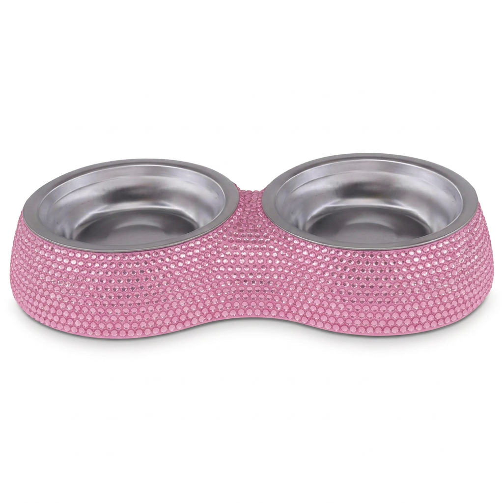 Pink recolored rhinestone double diner, straight-on angle on white background