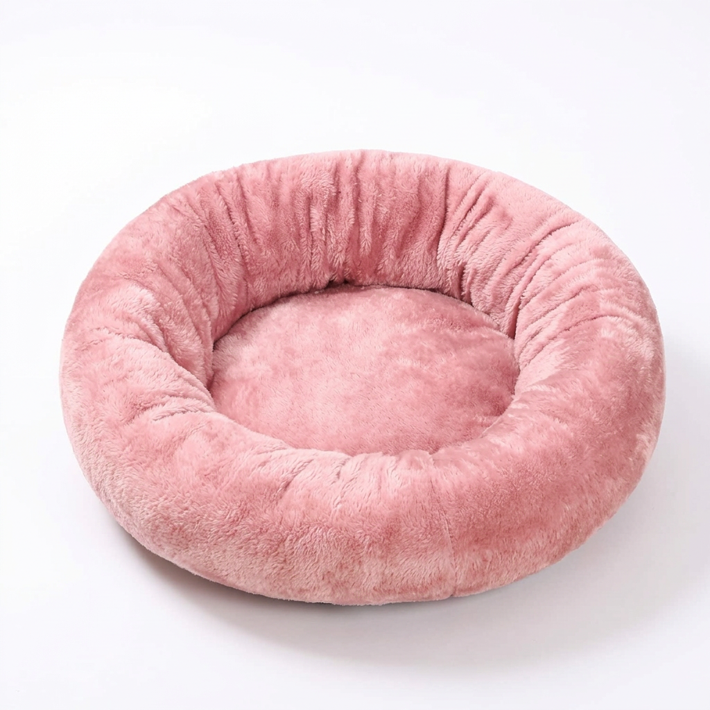 Pink round pet bed by itself on a white background