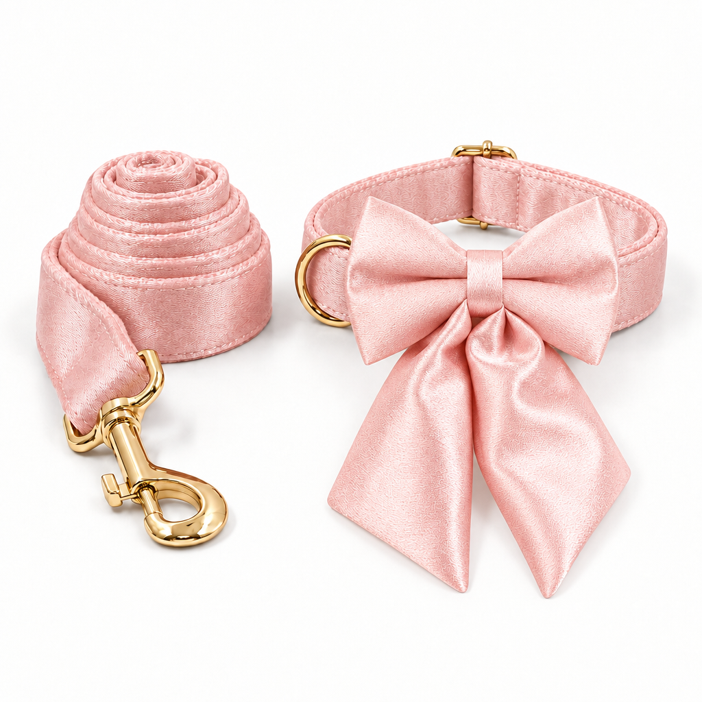 Pink silky collar and leash set with the long-tailed pink bow attached to the collar