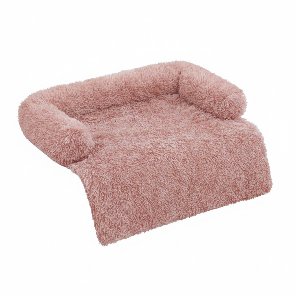 Dusty blush pink long shaggy faux fur sofa cover protector with raised bolster back and sides and a flat front drape panel, shown at a 3/4 angle on a white background