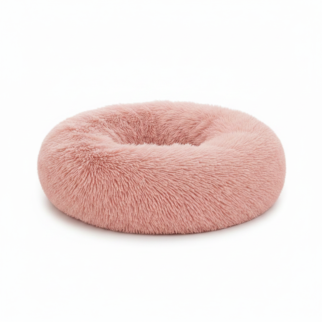 Blush pink round donut pet bed with long shaggy faux fur and a deep cushioned center, shown on a white background