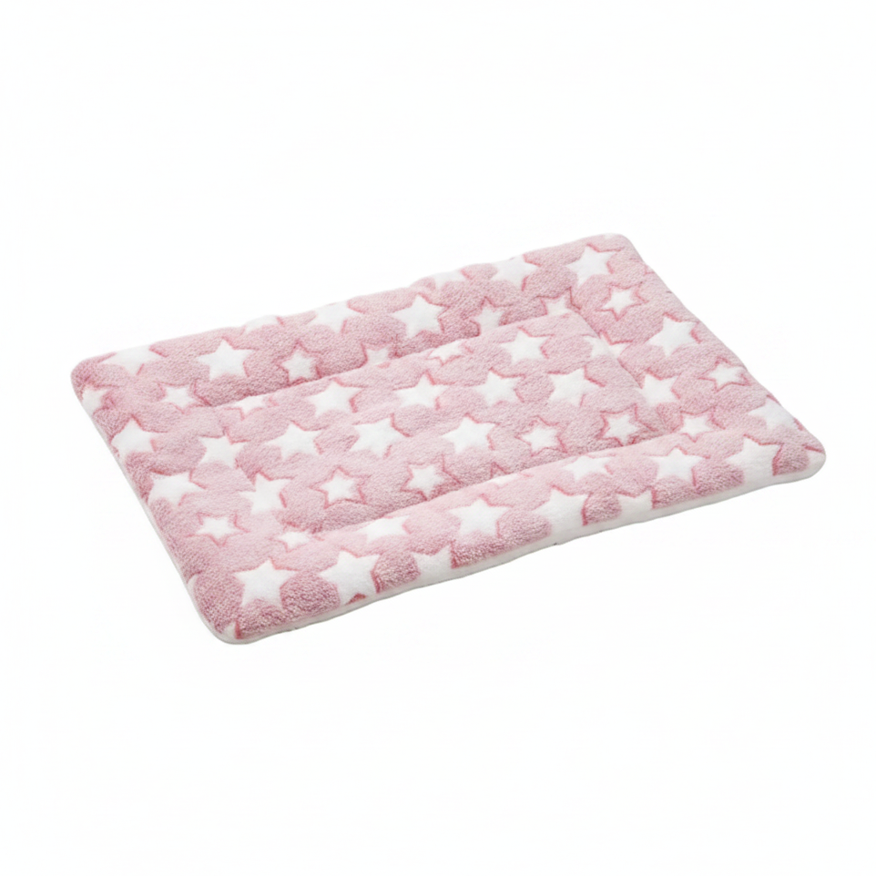 Dusty pink plush star print pet mat three-quarter view on white background