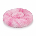 Round pink tie-dye shaggy faux fur donut calming pet bed three-quarter view on white background