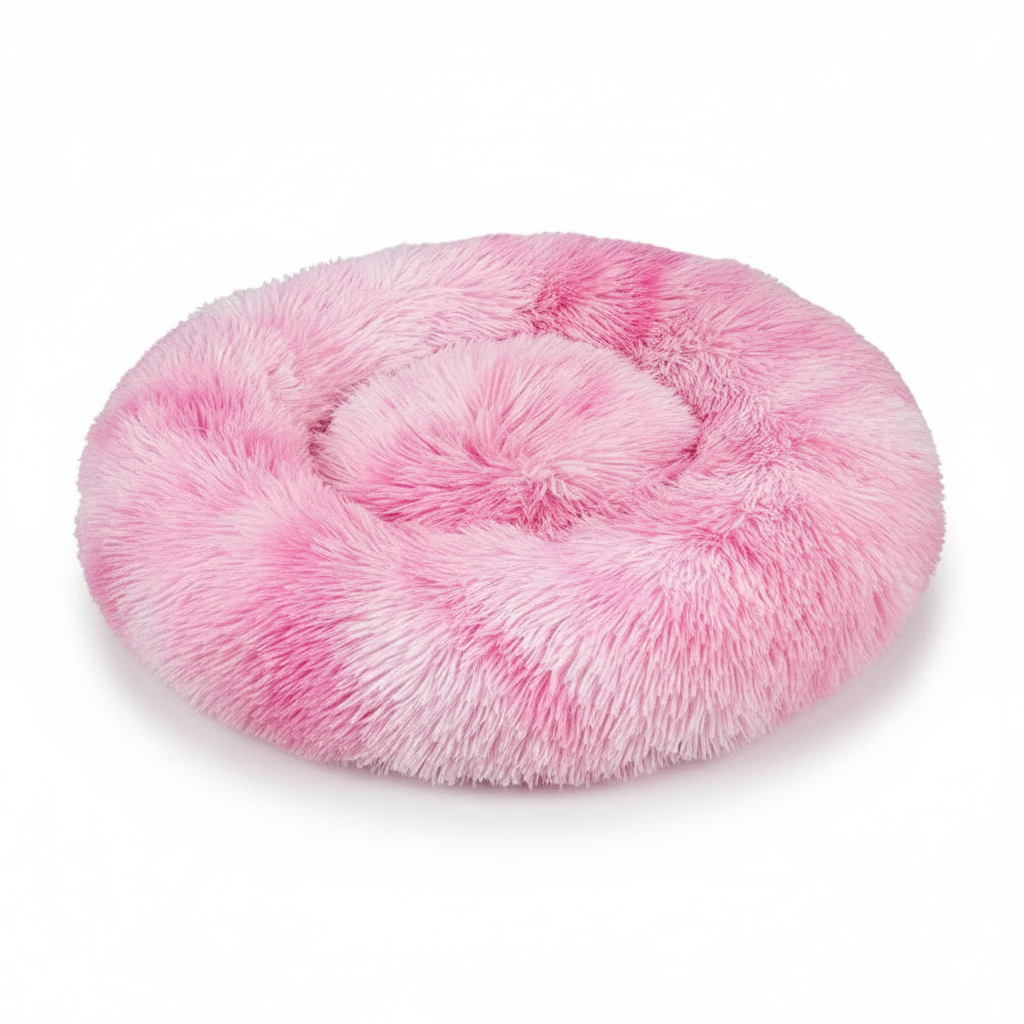 Round pink tie-dye shaggy faux fur donut calming pet bed three-quarter view on white background
