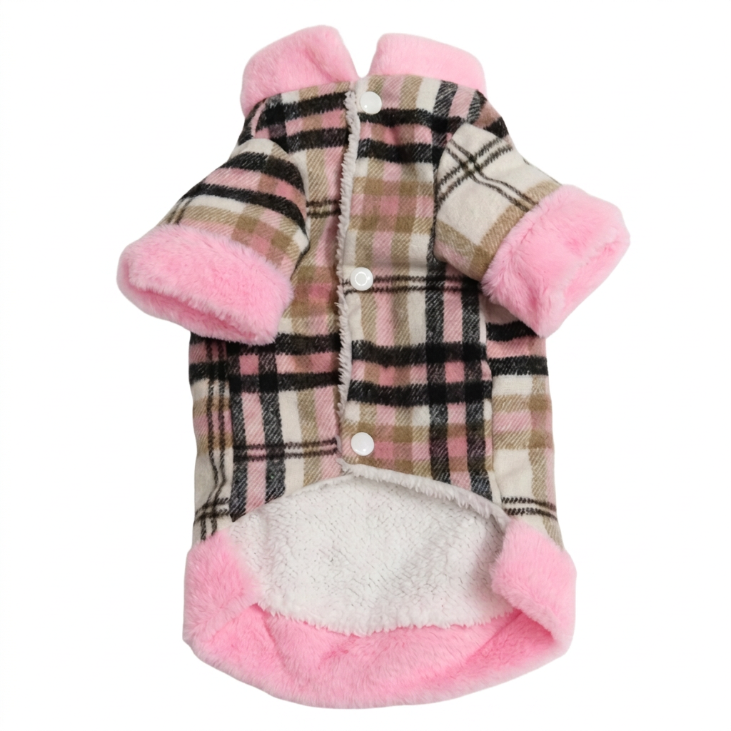Pink-trim plaid jacket underside with a pure white background