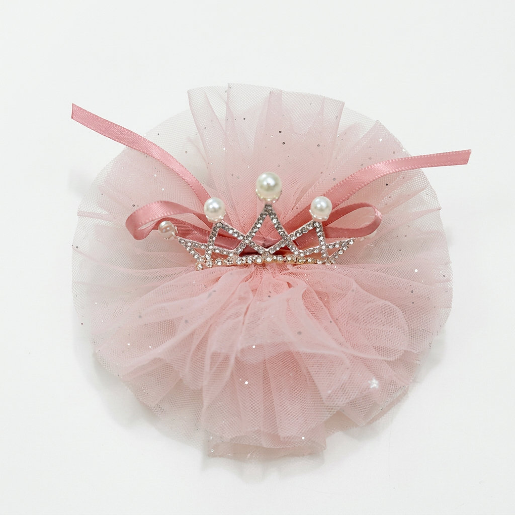 Pink tulle crown hair clip on white