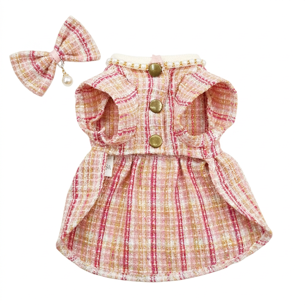 Pink tweed dress button-side view on a pure white background