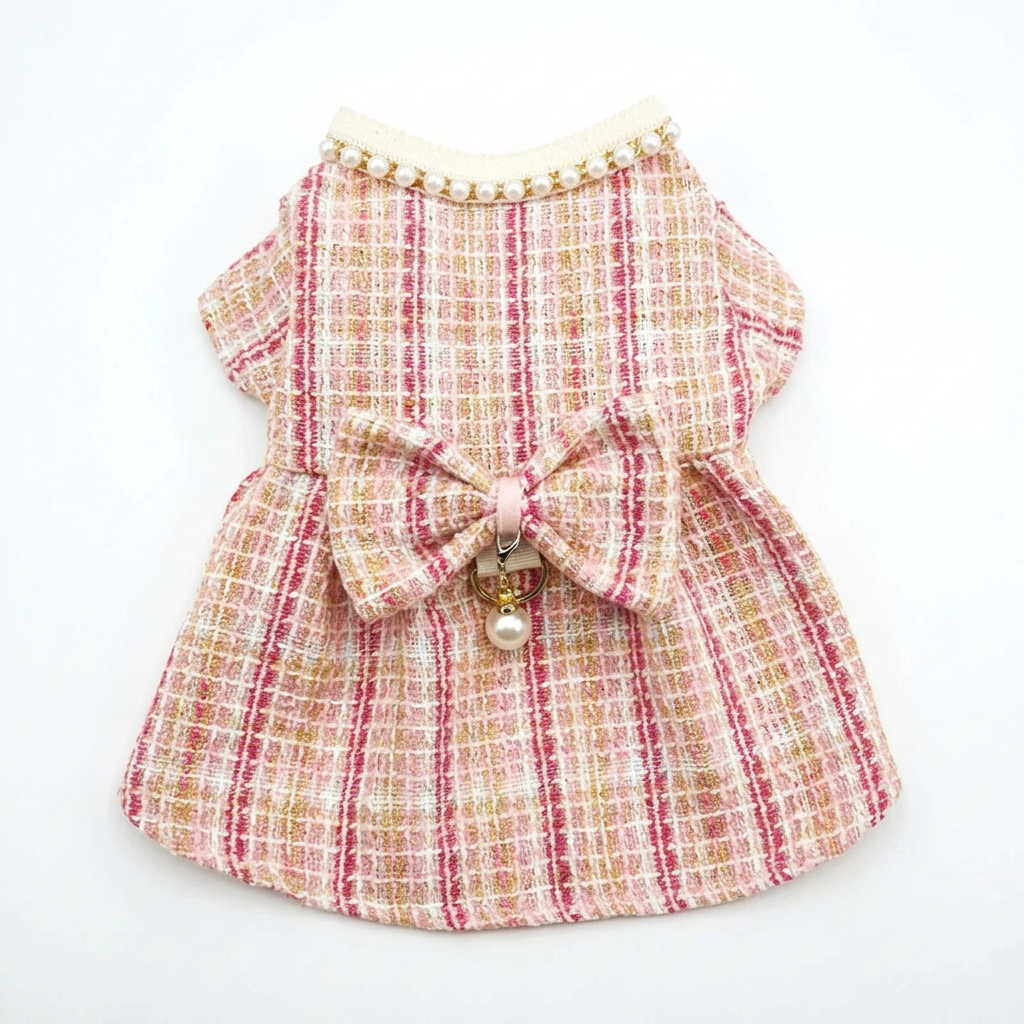 Pink tweed dress straightened with bow and pearl-style charm attached on white