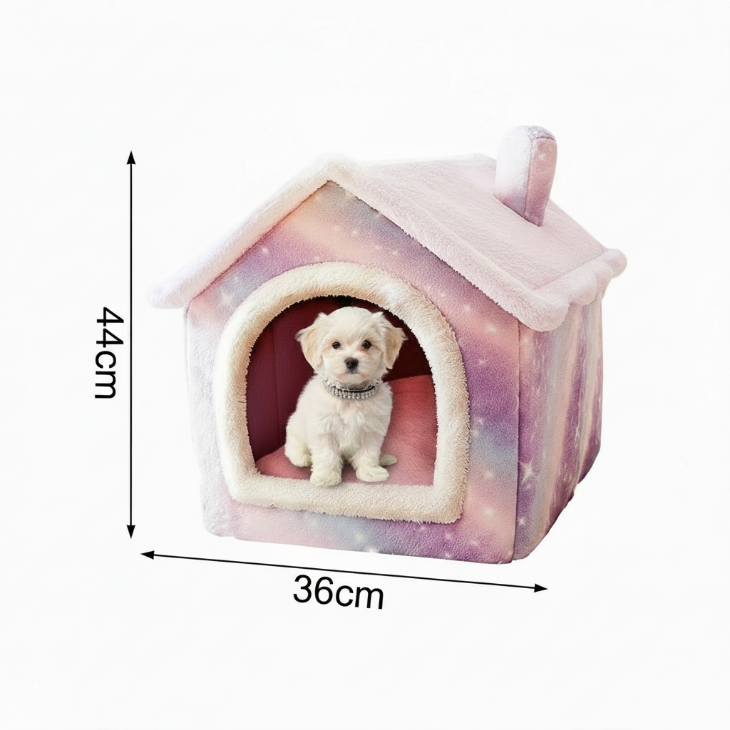 Pink and purple galaxy star print house-shaped pet bed with fluffy pink sherpa roof, cream arched entrance trim, and pink cushioned interior, with a white Maltese puppy sitting inside, shown with black dimension annotations: 44cm height × 36cm width, on a white background