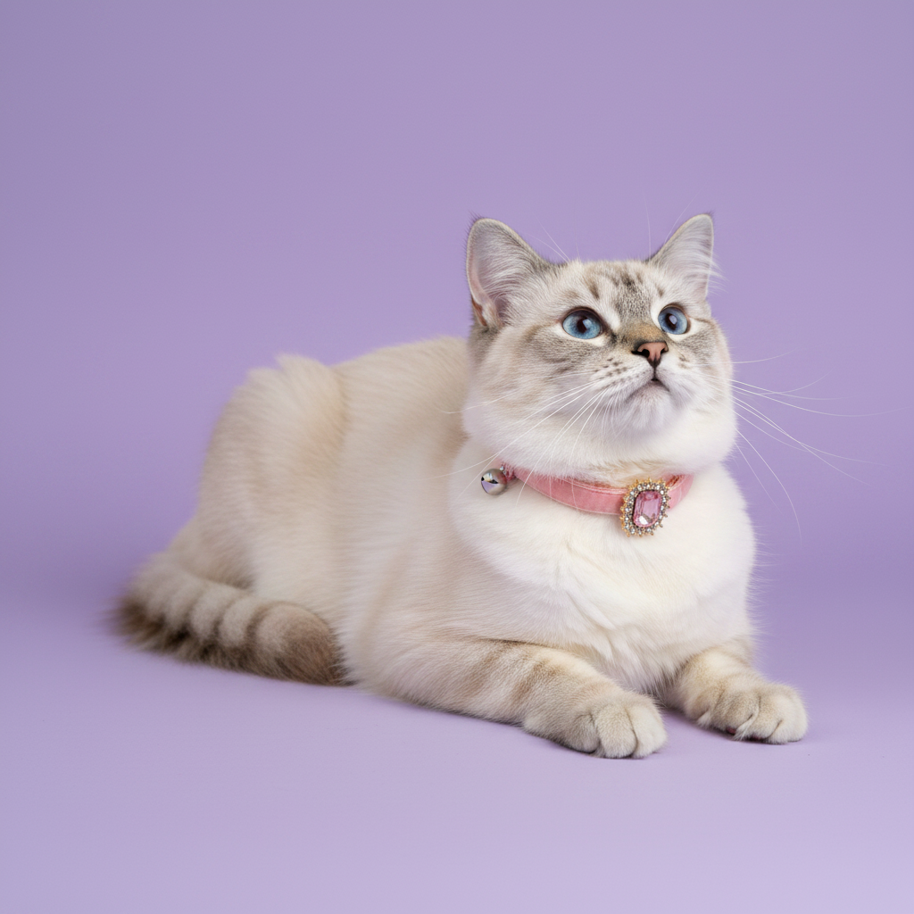 Blue-eyed Ragdoll cat lounging with paws stretched forward and gazing upward wearing a pink velvet breakaway cat collar with a rectangular pink emerald crystal pendant surrounded by clear rhinestones and a small silver bell