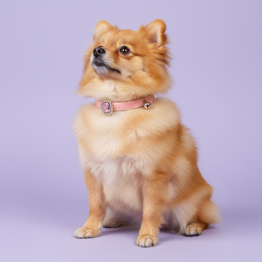Golden Pomeranian sitting upright in a three-quarter pose with an upward gaze wearing a pink velvet dog collar with a rectangular pink emerald crystal pendant surrounded by clear rhinestones and a small silver bell