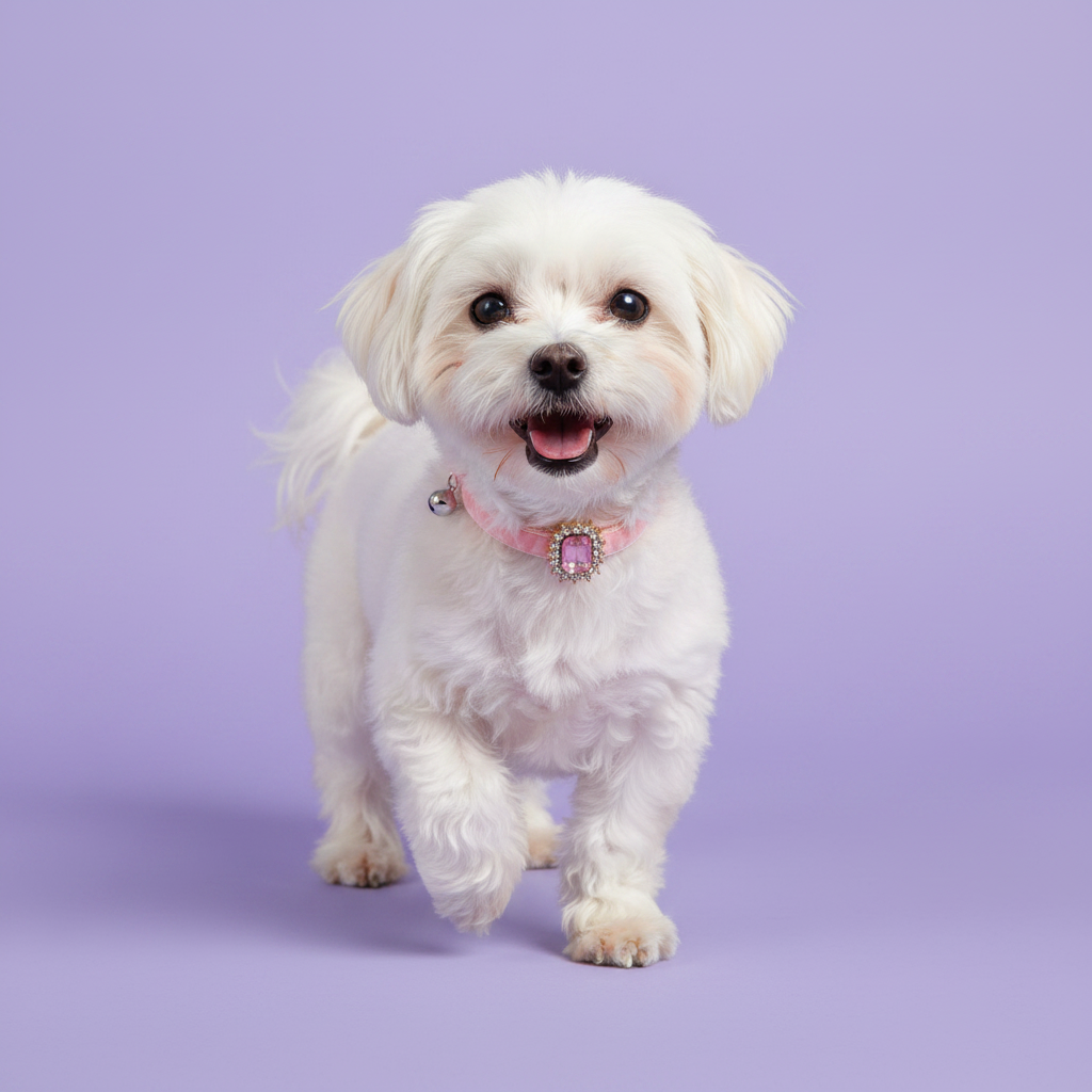White Maltese mid-stride facing the camera with a happy open-mouth expression wearing a pink velvet dog collar with a rectangular pink emerald crystal pendant surrounded by clear rhinestones and a small silver bell