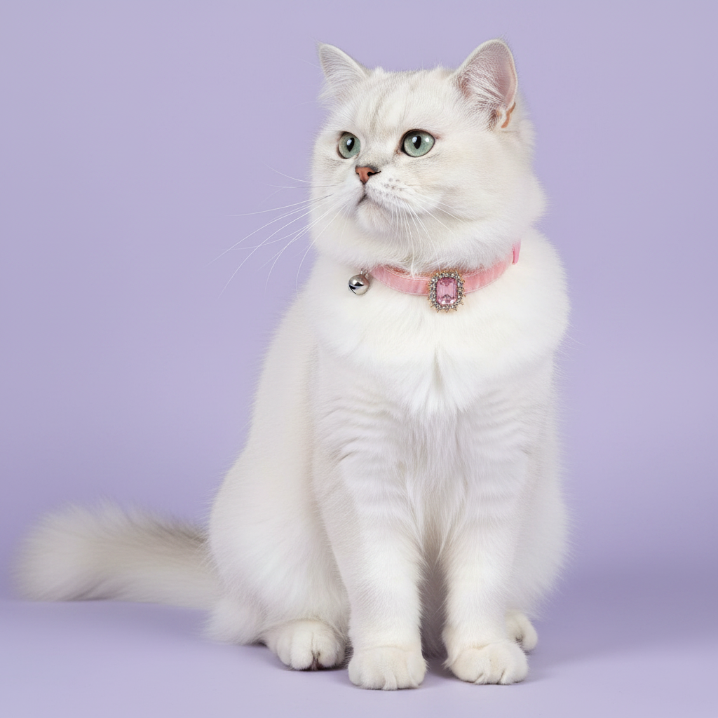 White Persian cat with green eyes sitting upright in a three-quarter pose with an upward gaze wearing a pink velvet breakaway cat collar with a rectangular pink emerald crystal pendant surrounded by clear rhinestones and a small silver bell