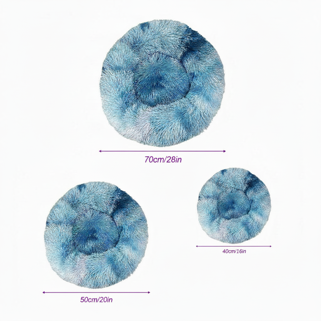 Round blue tie-dye shaggy faux fur donut calming pet bed size comparison chart showing three sizes: 70cm/28in, 50cm/20in, and 40cm/16in on white background