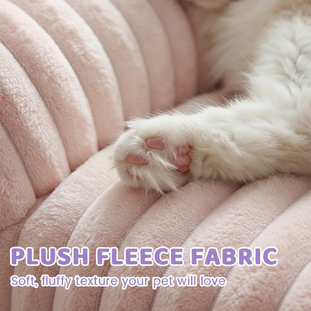 Close-up of a white cat's paw resting on a blush pink ribbed plush fleece pet sofa bed, with text reading Plush Fleece Fabric — Soft, fluffy texture your pet will love