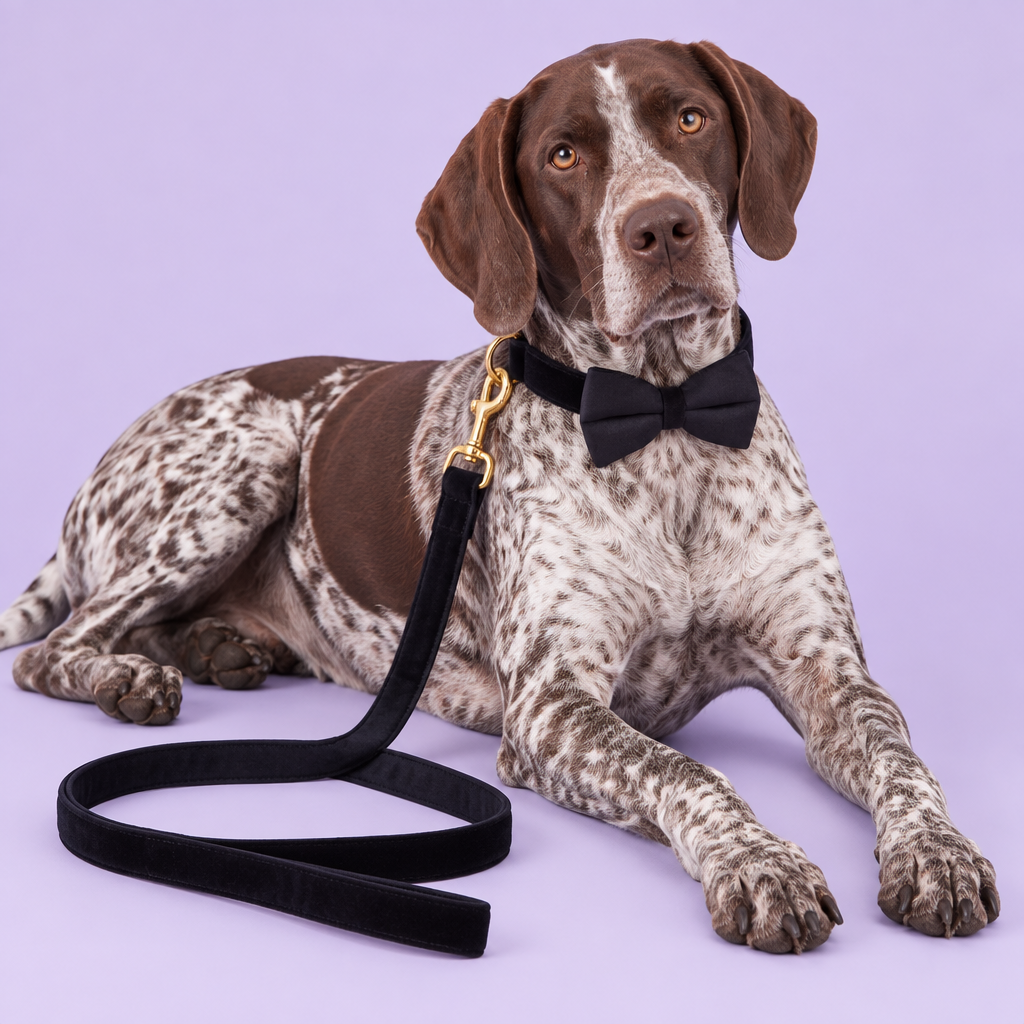 Pointer lounging with black bow collar and matching leash
