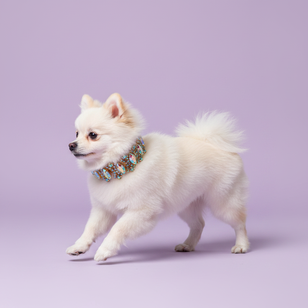 Dark-eyed cream Pomeranian trotting in profile view with one front paw raised and gazing to the side wearing a gold AB crystal rhinestone collar with iridescent aurora borealis oval and marquise gem embellishments, luxury AB crystal dog collar for small breeds on solid lavender background