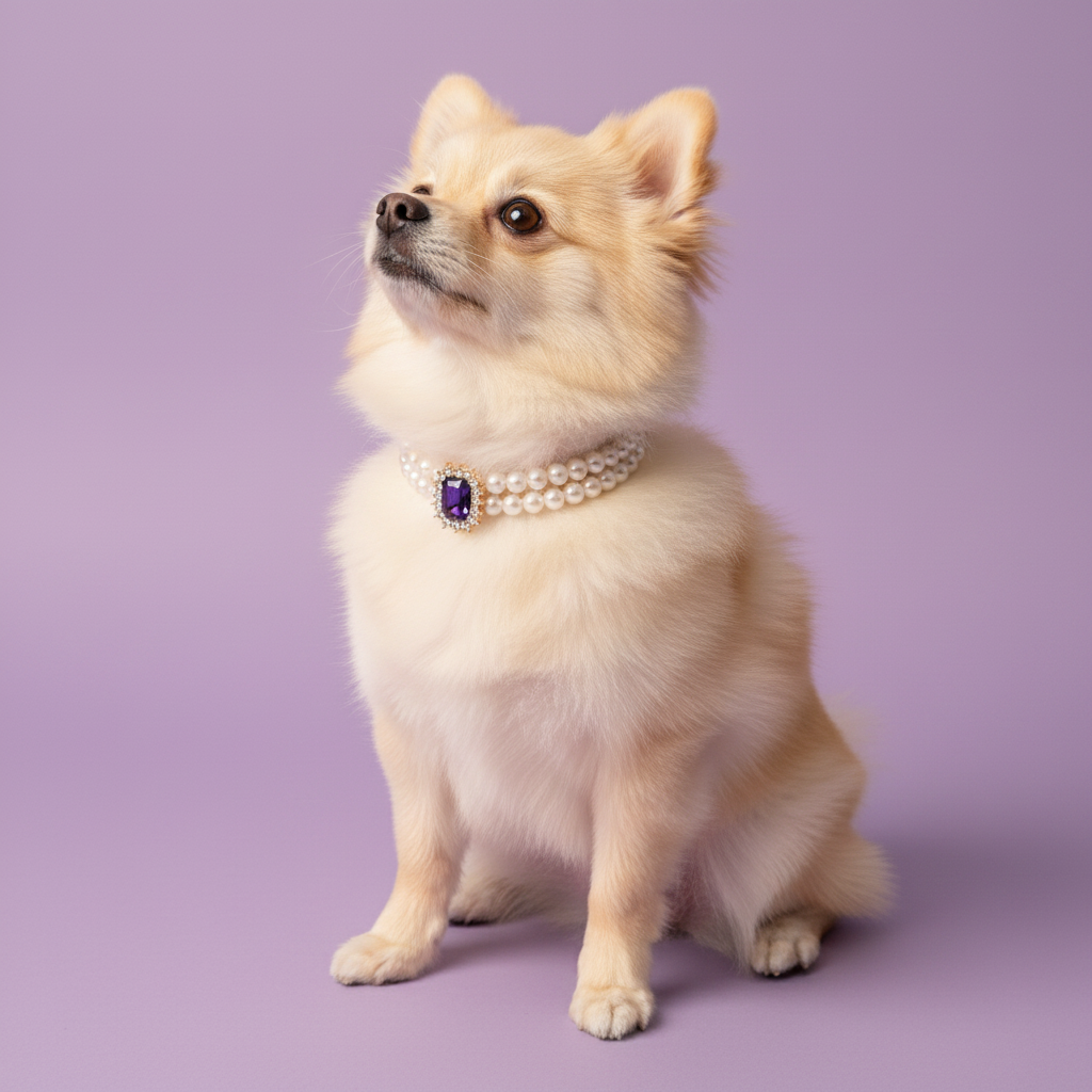 Cream Pomeranian sitting and gazing upward while wearing a double pearl collar with an amethyst gemstone pendant against a lavender background
