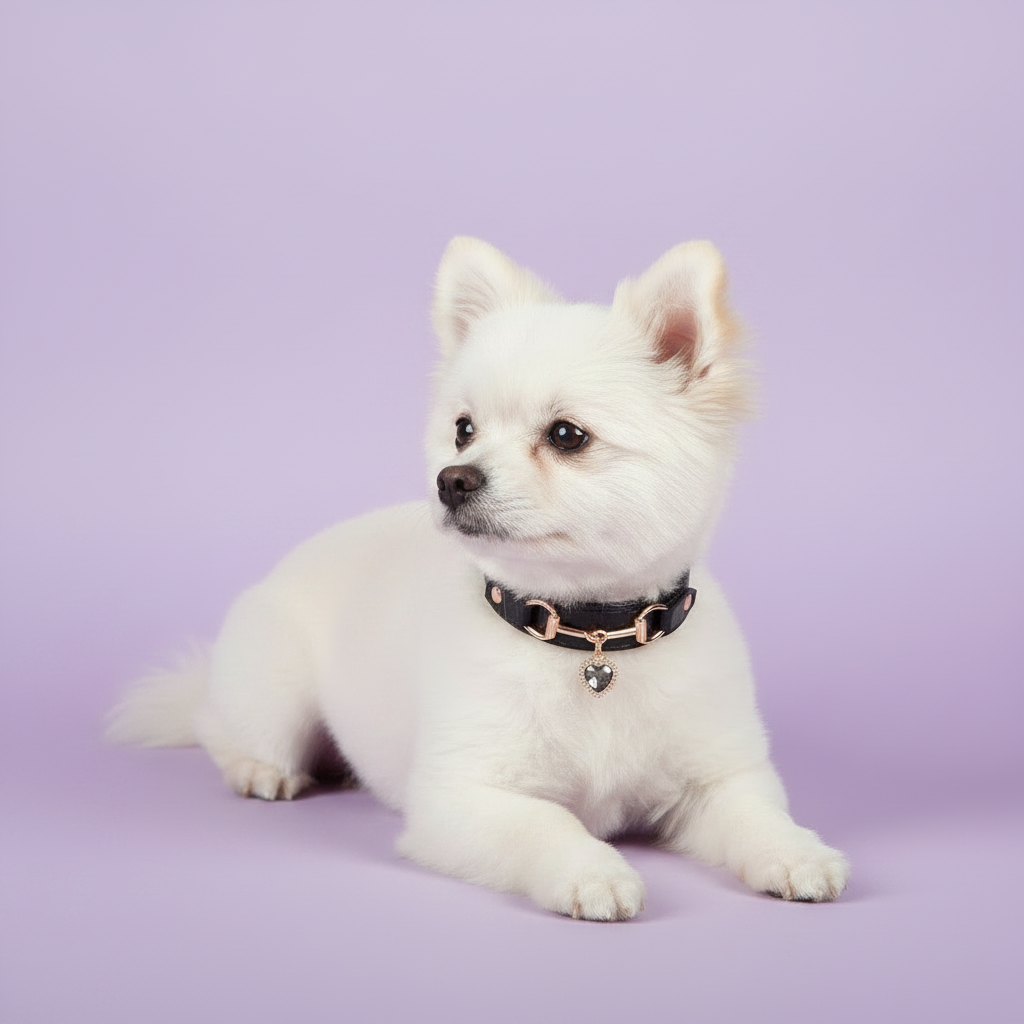White Pomeranian lying down and looking to the side, wearing a black leather pet collar with rose gold snaffle-bit hardware and a grey crystal heart charm pendant, on a soft lavender background