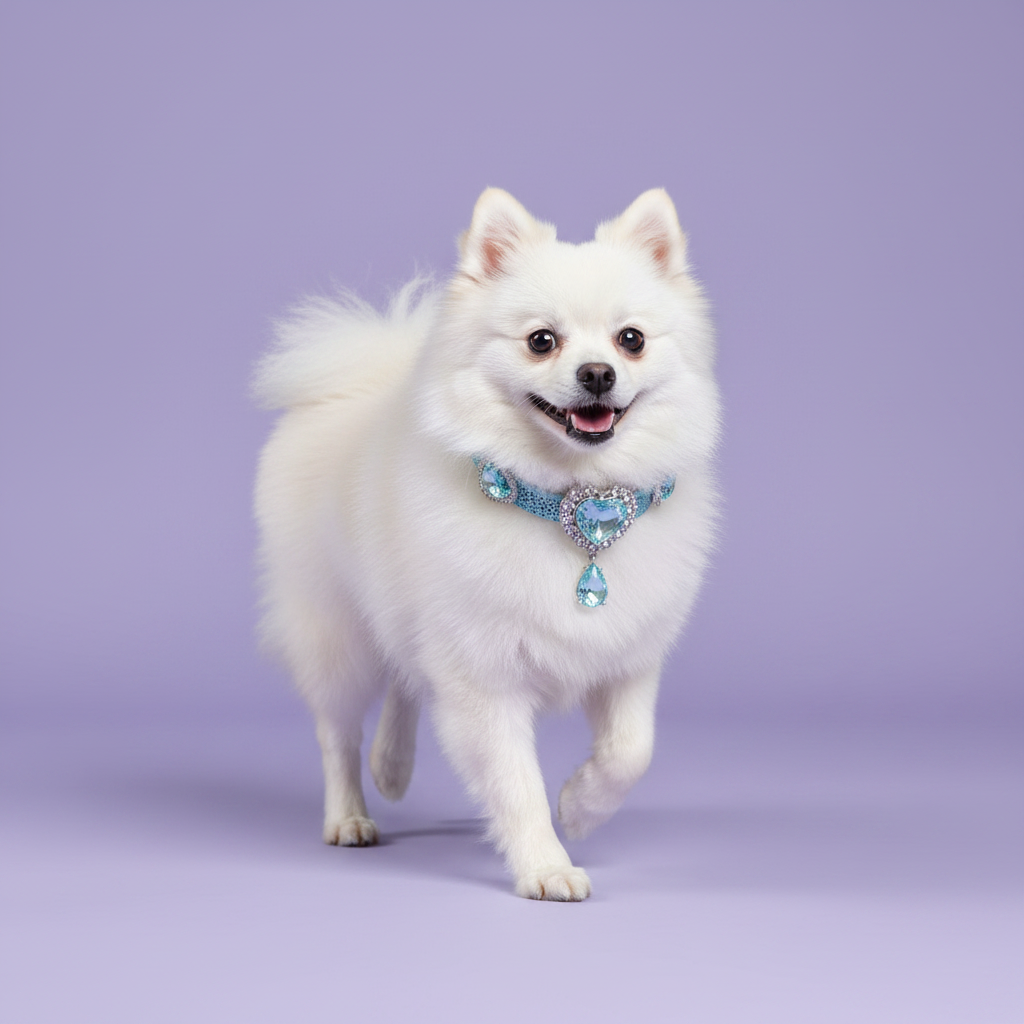 Brown-eyed white Pomeranian trotting toward camera with mouth open and tail curled wearing a light blue glitter rhinestone collar with a rhinestone-framed aquamarine blue heart crystal centerpiece and a dangling faceted blue teardrop pendant, luxury blue heart pendant dog collar for small breeds on solid lavender background