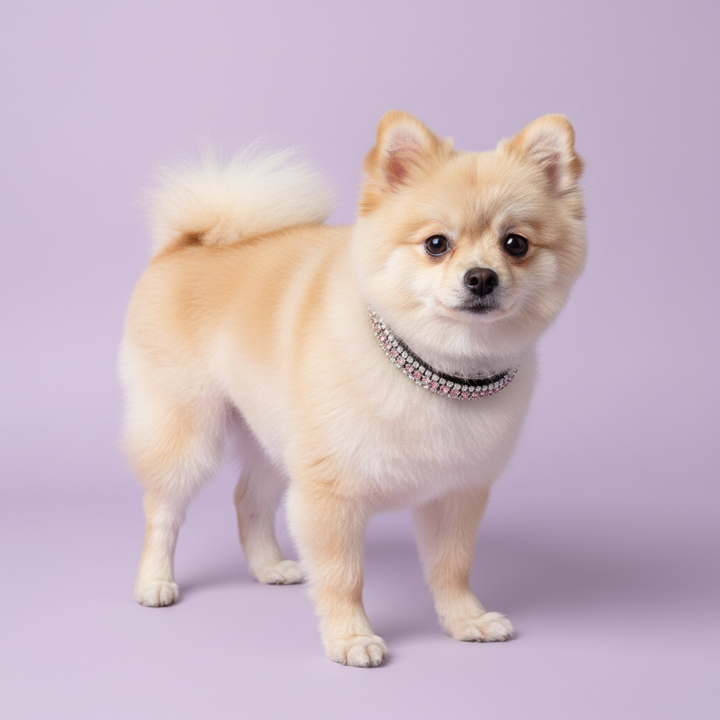 Cream Pomeranian standing in three-quarter view and gazing at camera wearing a black velvet double-row pink crystal rhinestone collar, luxury rhinestone small dog collar on lavender background