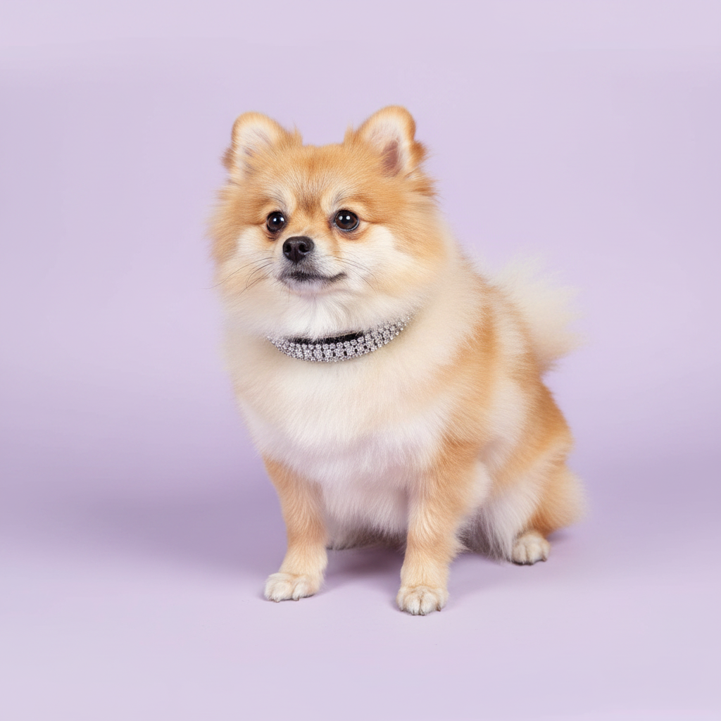 Cream Pomeranian sitting and facing camera wearing a black velvet triple-row clear crystal rhinestone collar, luxury rhinestone small dog collar on lavender background
