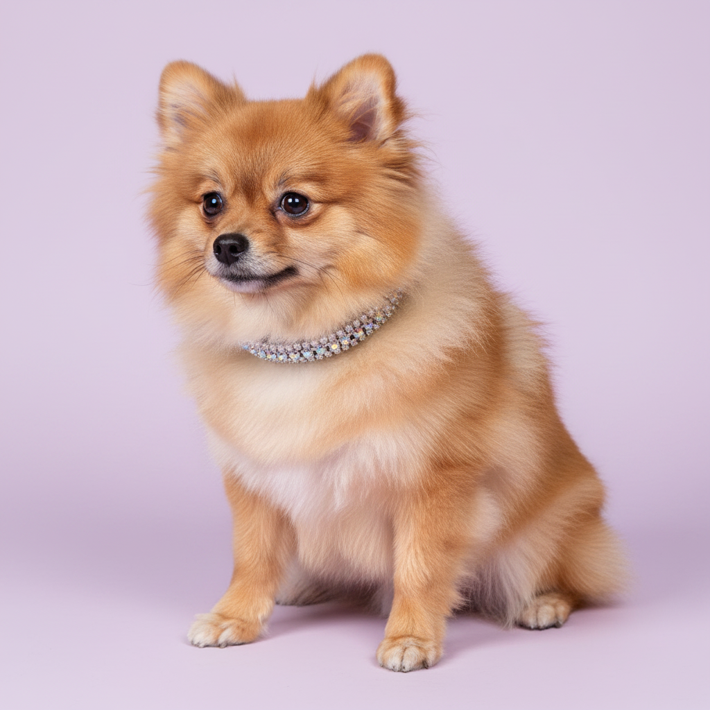 Orange sable Pomeranian sitting tall and facing camera wearing a black velvet double-row clear crystal rhinestone collar, luxury rhinestone small dog collar on lavender background