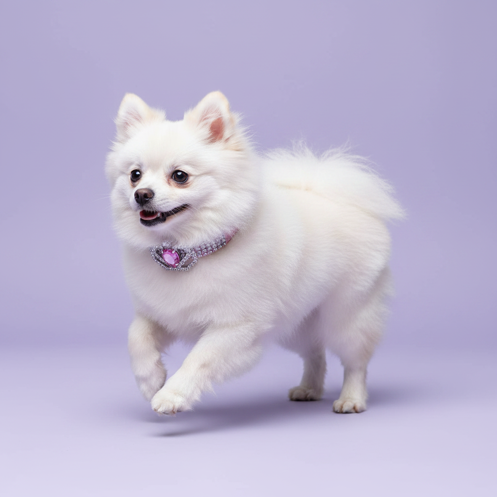 Dark-eyed white Pomeranian mid-trot in a three-quarter view with mouth open wearing a silver rhinestone collar with a silver crown centerpiece featuring a faceted pink heart crystal, luxury crown heart crystal dog collar for small breeds on solid lavender background