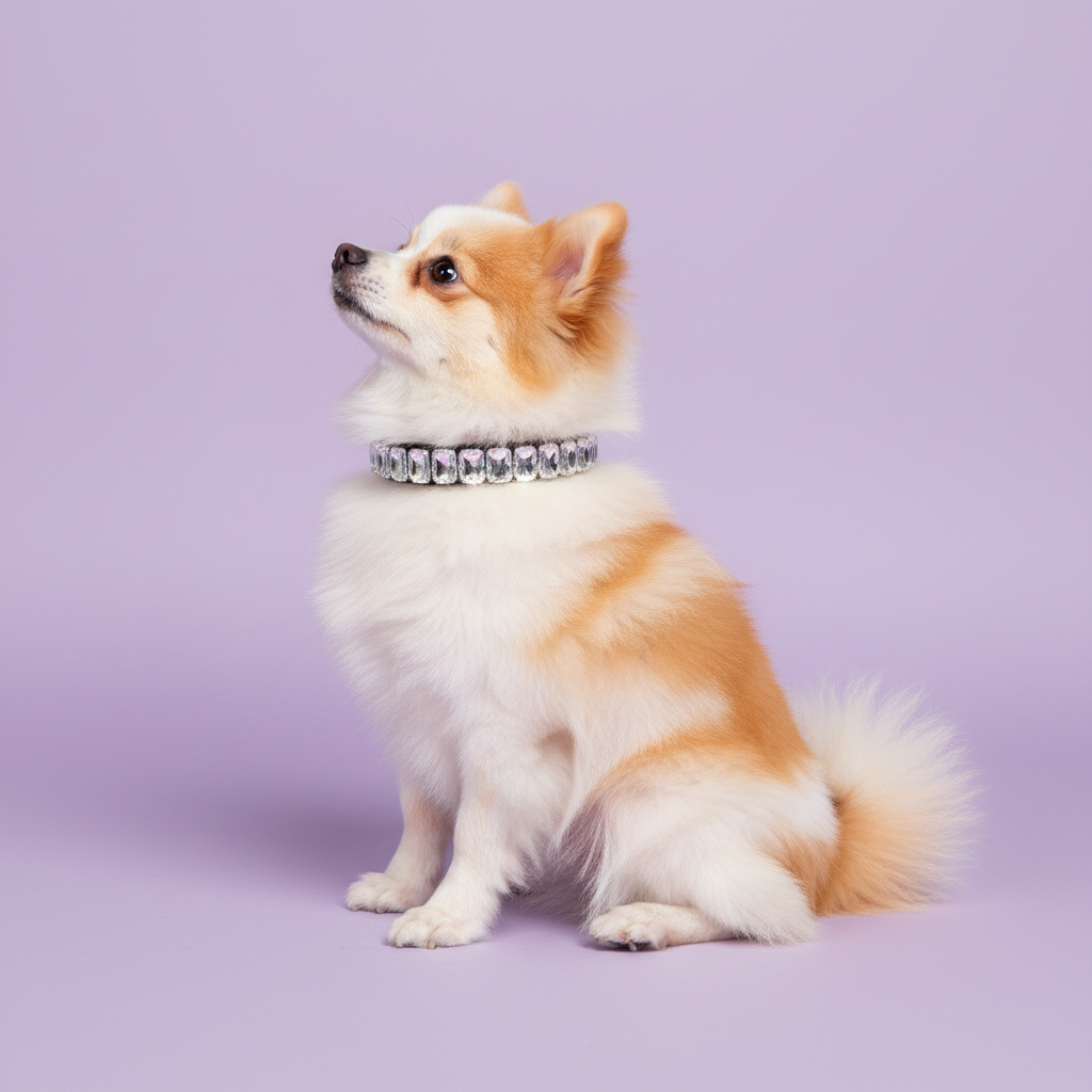 Cream and orange Pomeranian sitting in profile and wearing a clear crystal rhinestone collar against a soft lavender studio background.