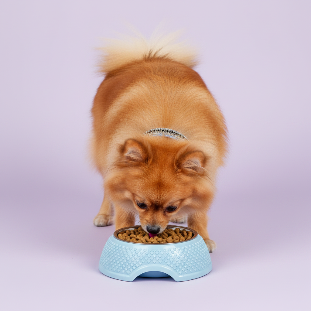Pomeranian wearing a crystal rhinestone collar eating dry kibble from a powder blue heart embossed pet bowl, lavender background