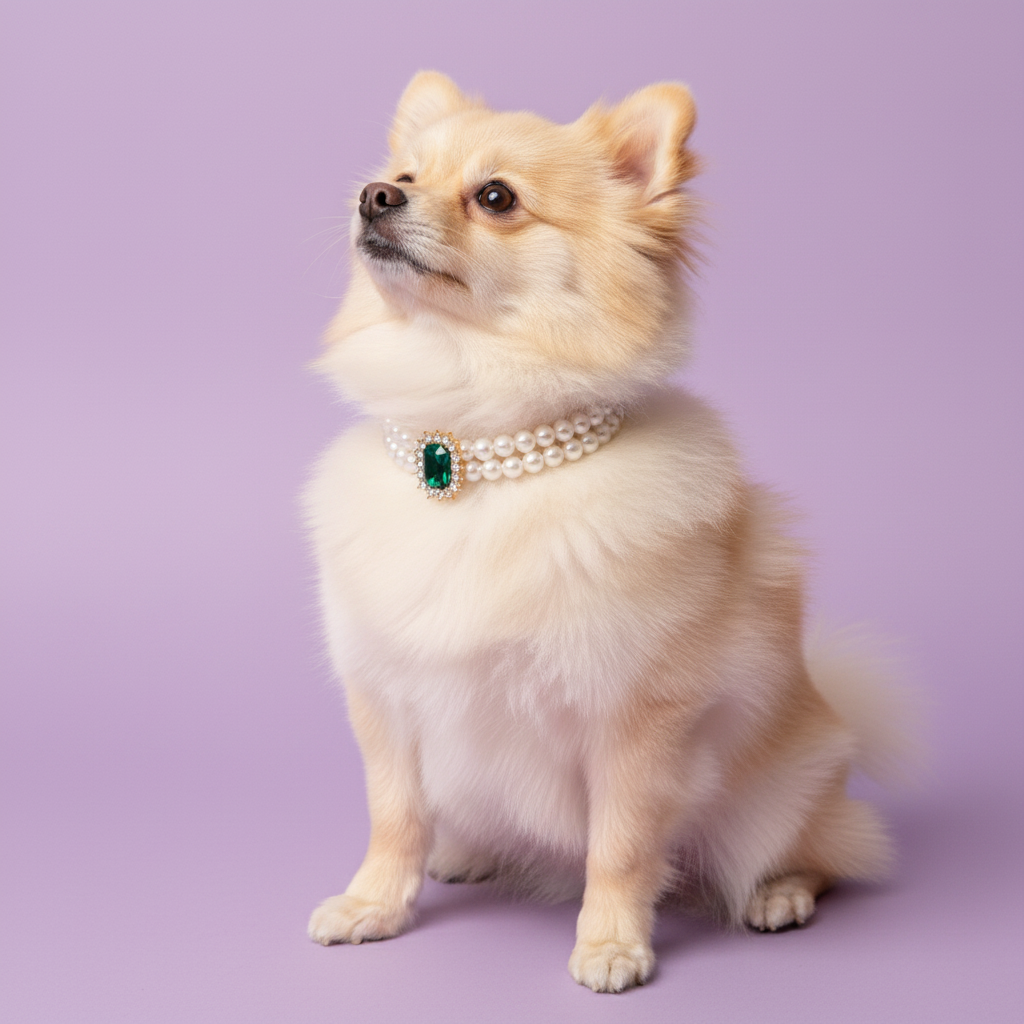Cream Pomeranian sitting and wearing a double pearl collar with an emerald gemstone pendant against a lavender background⠋