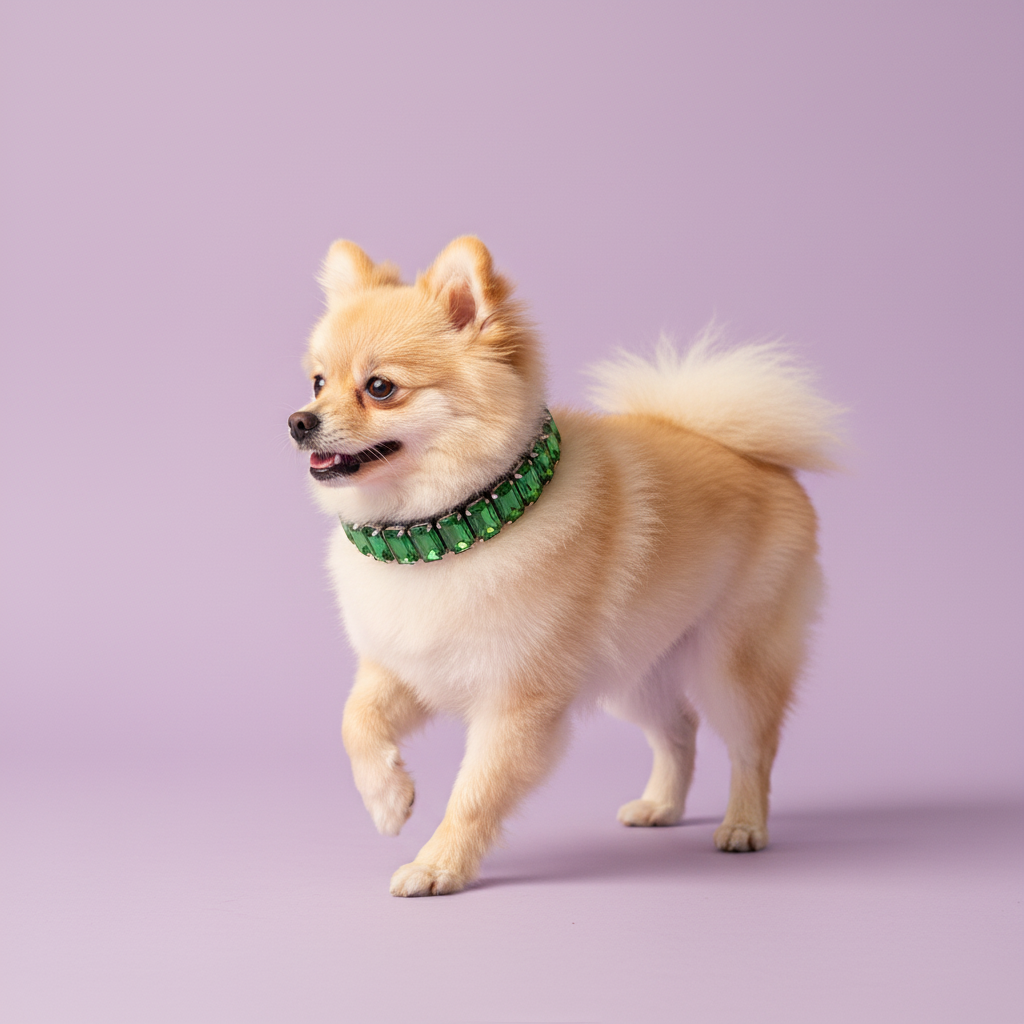 Pomeranian wearing an emerald green rhinestone collar against a soft lavender studio background.