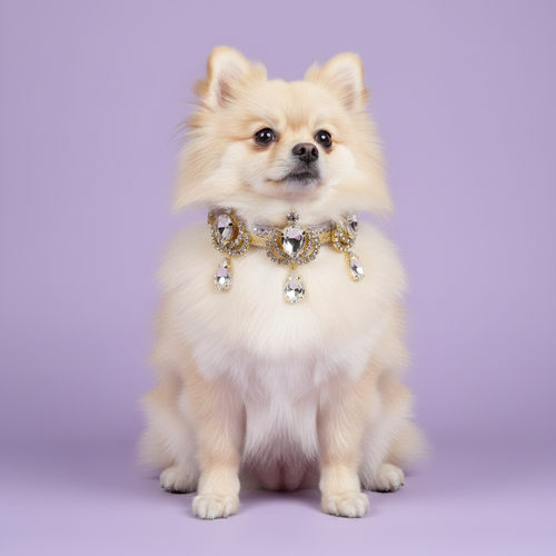 Cream Pomeranian sitting and facing forward wearing a gold and clear crystal chandelier rhinestone dog collar with teardrop pendants