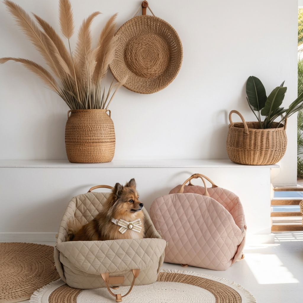 Pomeranian in a beige quilted carrier beside a pink carrier in a bright neutral home