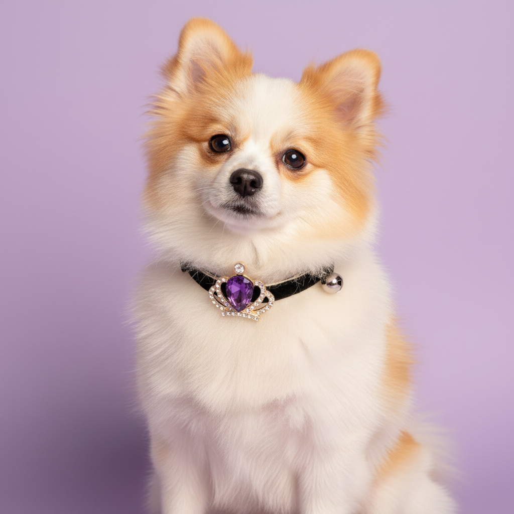 Pomeranian wearing black velvet dog collar with gold crown and purple amethyst teardrop gem pendant — luxury small dog collar