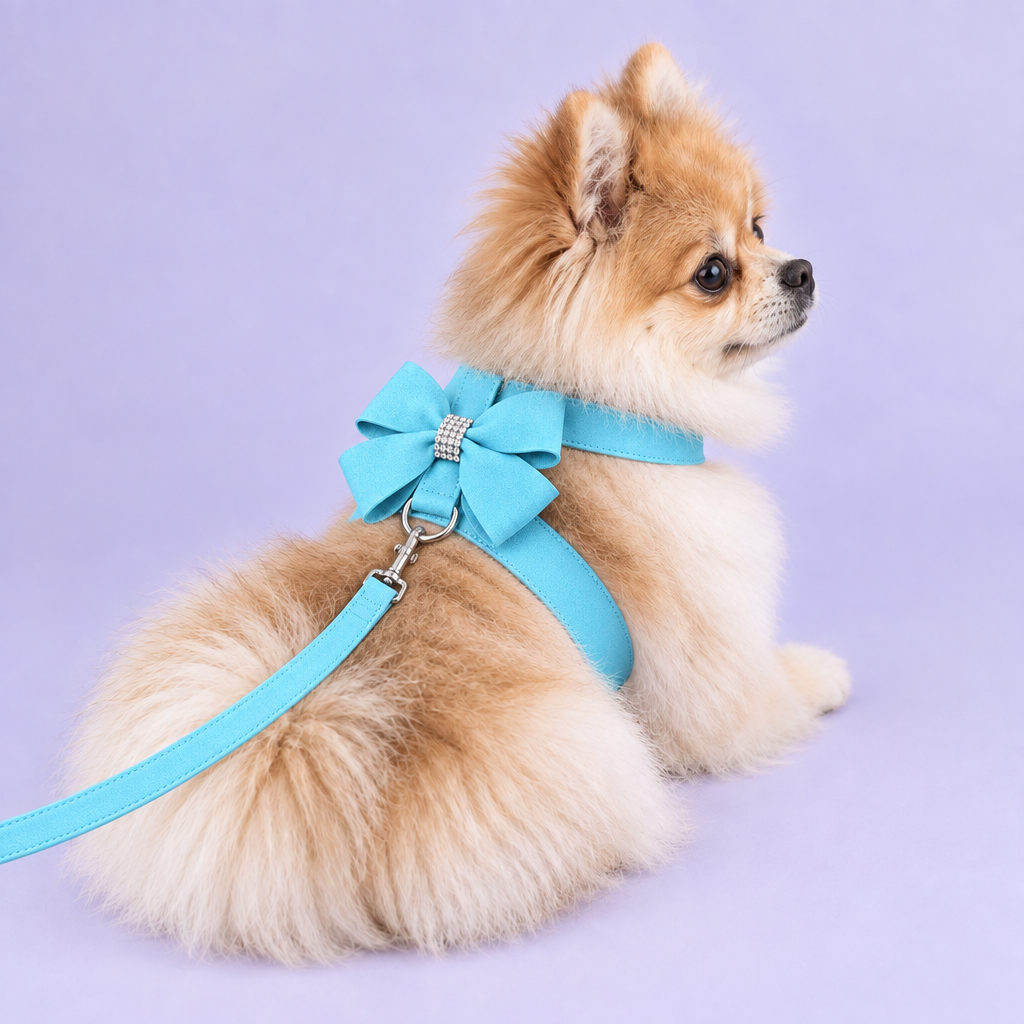 Pomeranian in blue bow harness with leash