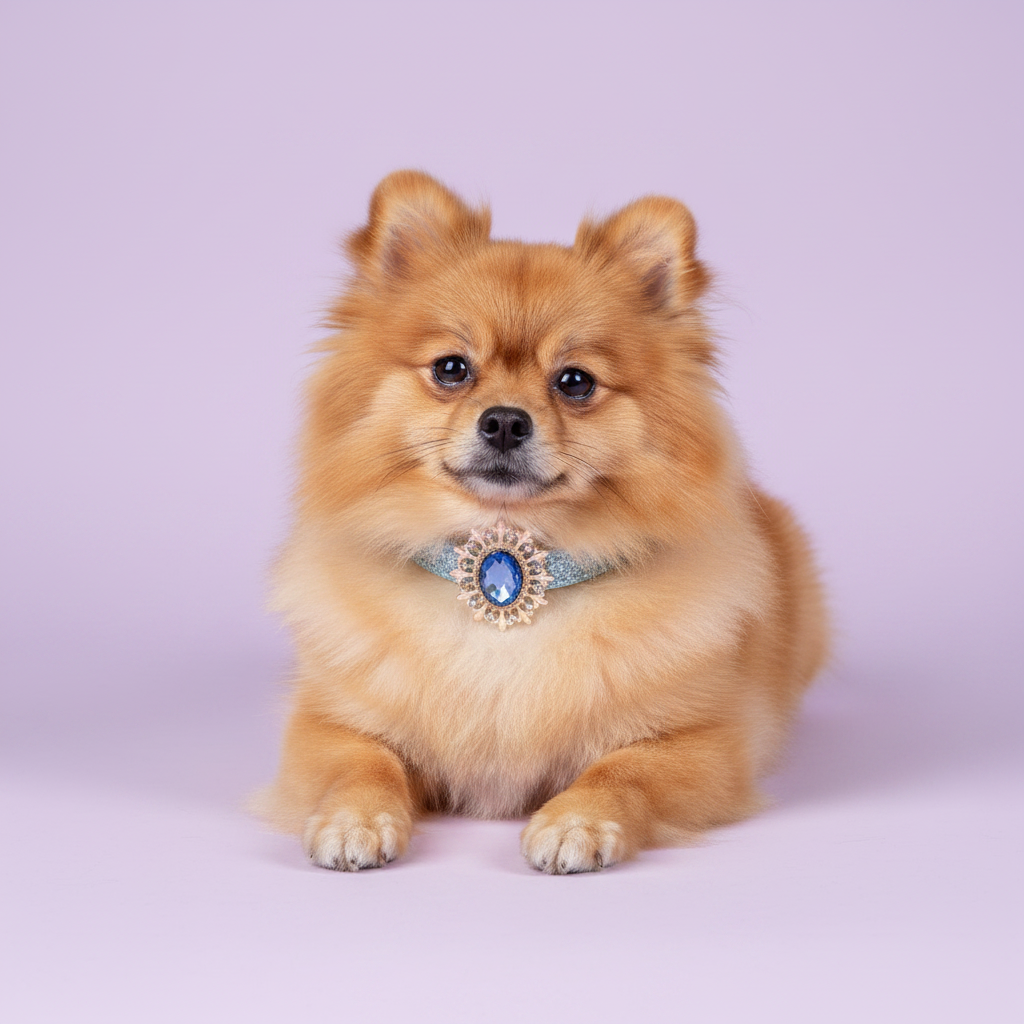 Orange Pomeranian lying down facing forward wearing a light blue glitter dog collar with sapphire blue oval crystal sunburst pendant
