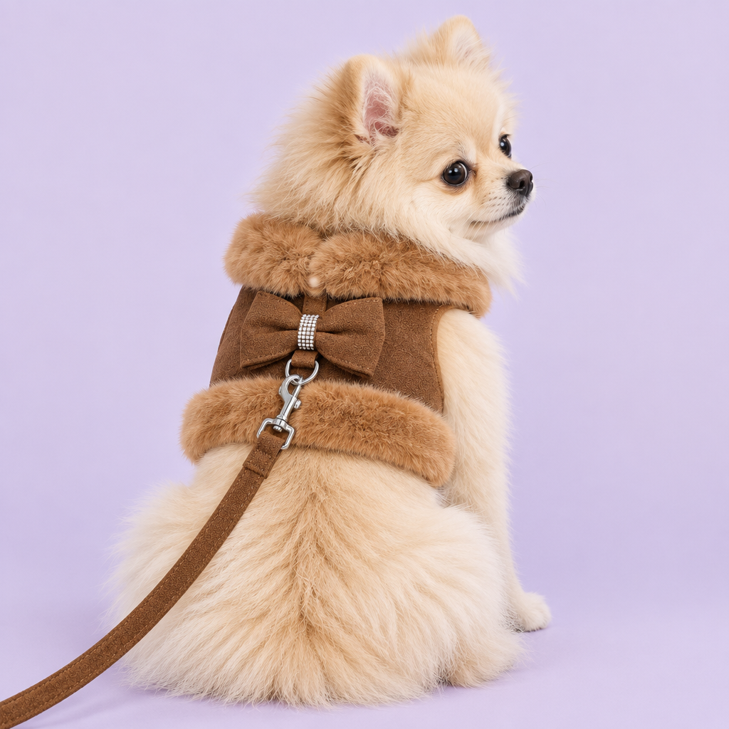 Pomeranian in brown harness