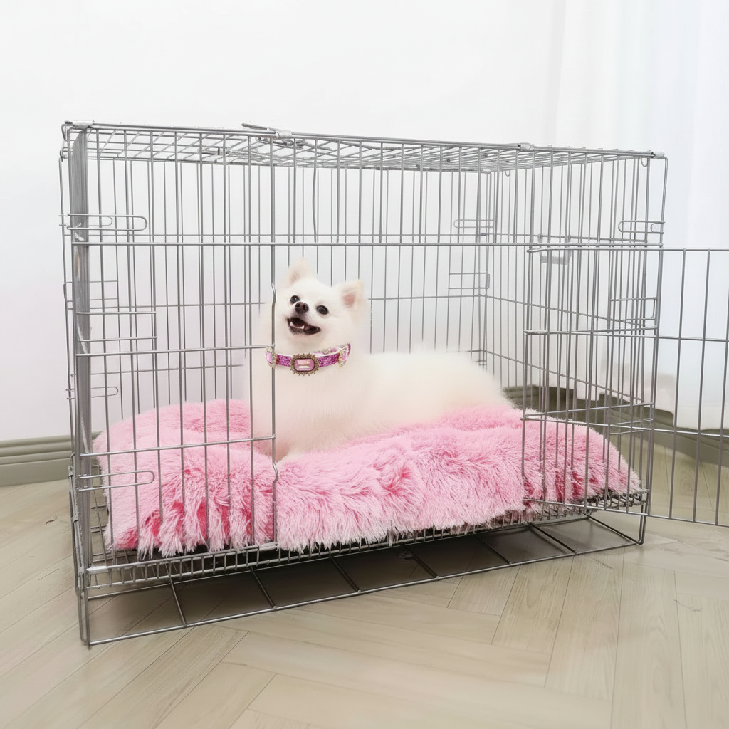 White Pomeranian wearing a pink crystal buckle collar lying on a blush pink long shaggy faux fur flat pet bed mat inside a silver wire dog crate on light oak hardwood floors in a bright minimal room