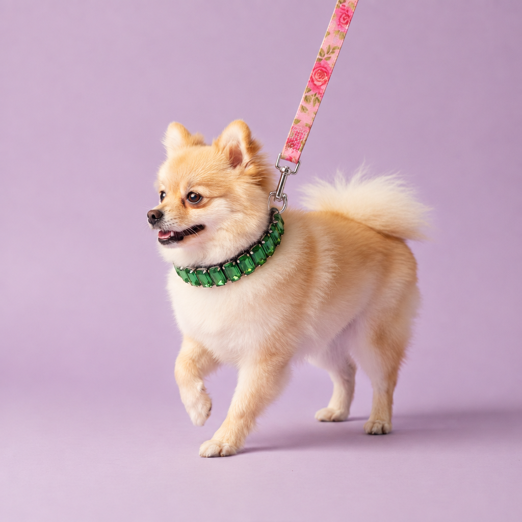 Pomeranian in emerald collar with leash leading up