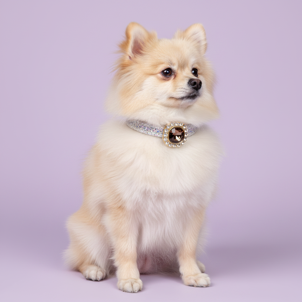 Cream Pomeranian sitting upright and gazing to the side wearing a white glitter rhinestone dog collar with smoky topaz cushion-cut gem and rhinestone halo centerpiece on lavender background