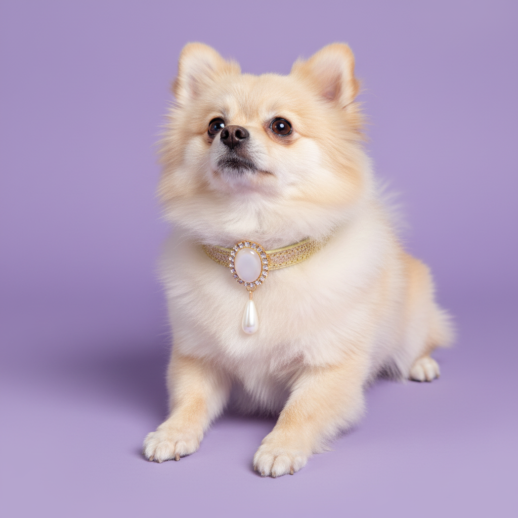 Cream Pomeranian sitting and gazing upward wearing a gold dog collar with a large oval pearl centerpiece, rhinestone surround, and pearl teardrop pendant