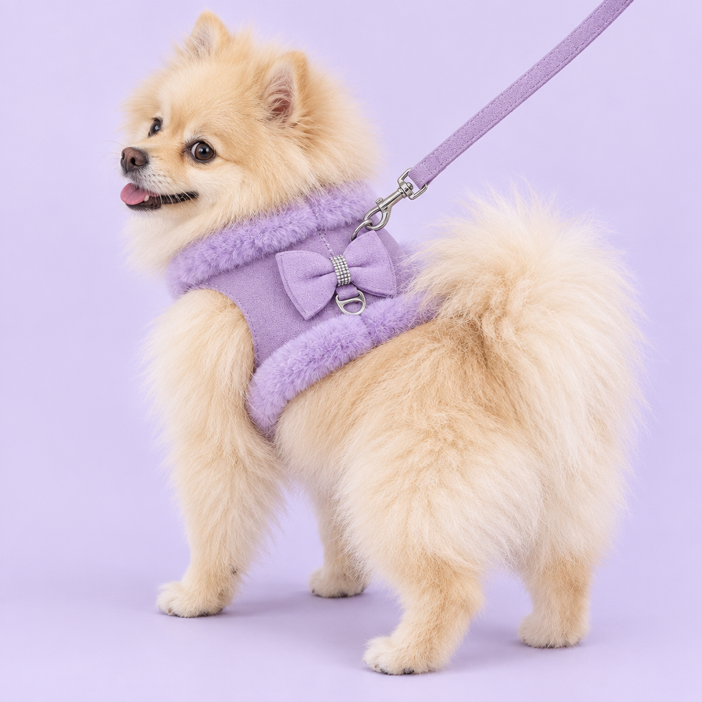 Pomeranian in lavender harness