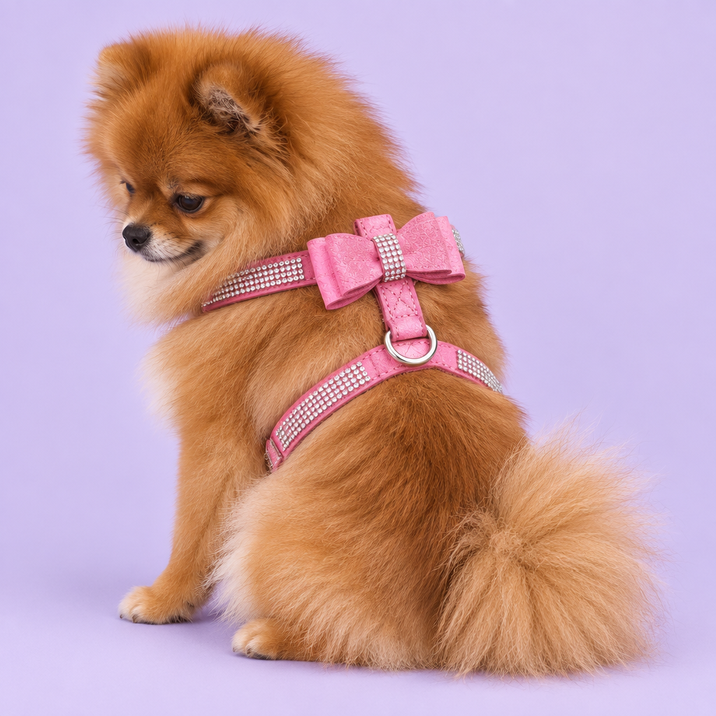 Pomeranian in pink harness