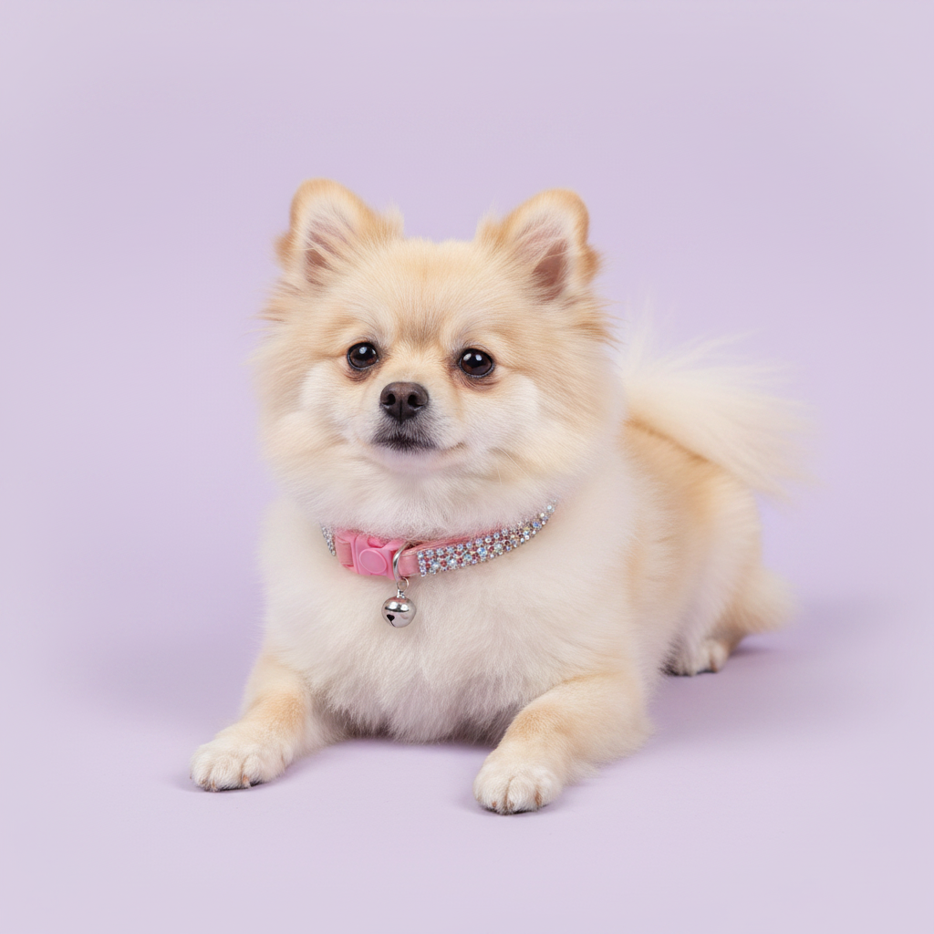 Cream Pomeranian lying down and looking at camera wearing a pink double-row crystal rhinestone collar with silver bell, luxury rhinestone small dog collar on lavender background